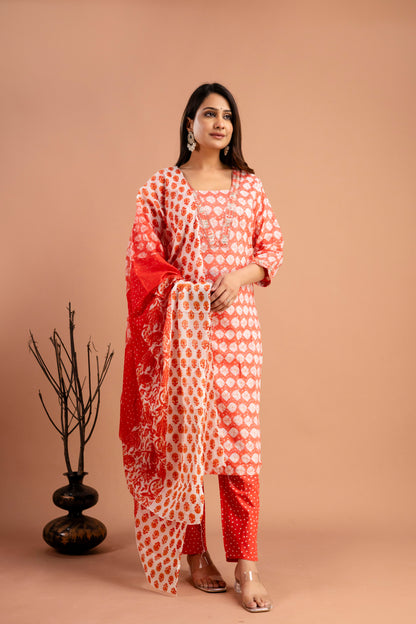 Printed Resham & Sequence Worked Kurti with Handworked Dupatta & Plain Pants