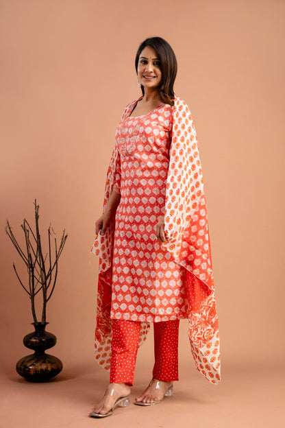 Printed Resham & Sequence Worked Kurti with Handworked Dupatta & Plain Pants