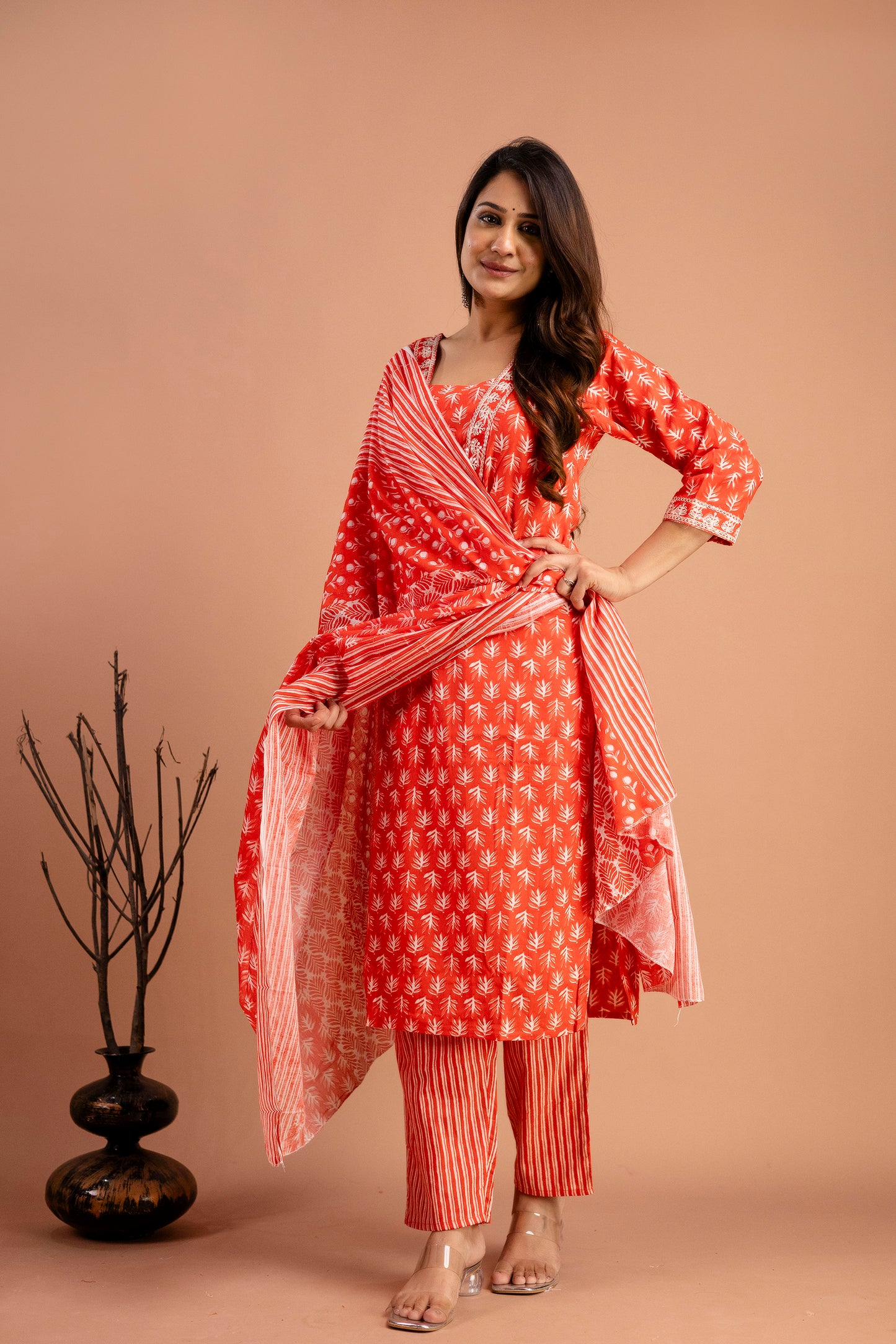 Printed Kurti with Resham Work V-Neck, Printed Dupatta & Matching Printed Pants