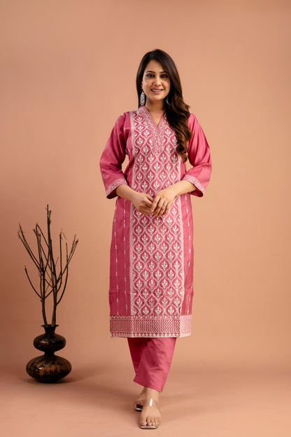 Full Embroidered Lucknavi Kurti with V-Neck, Organza Lucknavi Dupatta & Plain Trouser