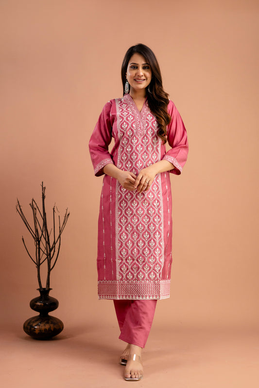 Full Embroidered Lucknavi Kurti with V-Neck, Organza Lucknavi Dupatta & Plain Trouser