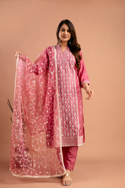 Full Embroidered Lucknavi Kurti with V-Neck, Organza Lucknavi Dupatta & Plain Trouser