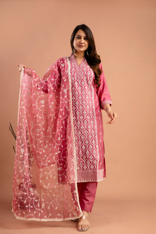 Full Embroidered Lucknavi Kurti with V-Neck, Organza Lucknavi Dupatta & Plain Trouser