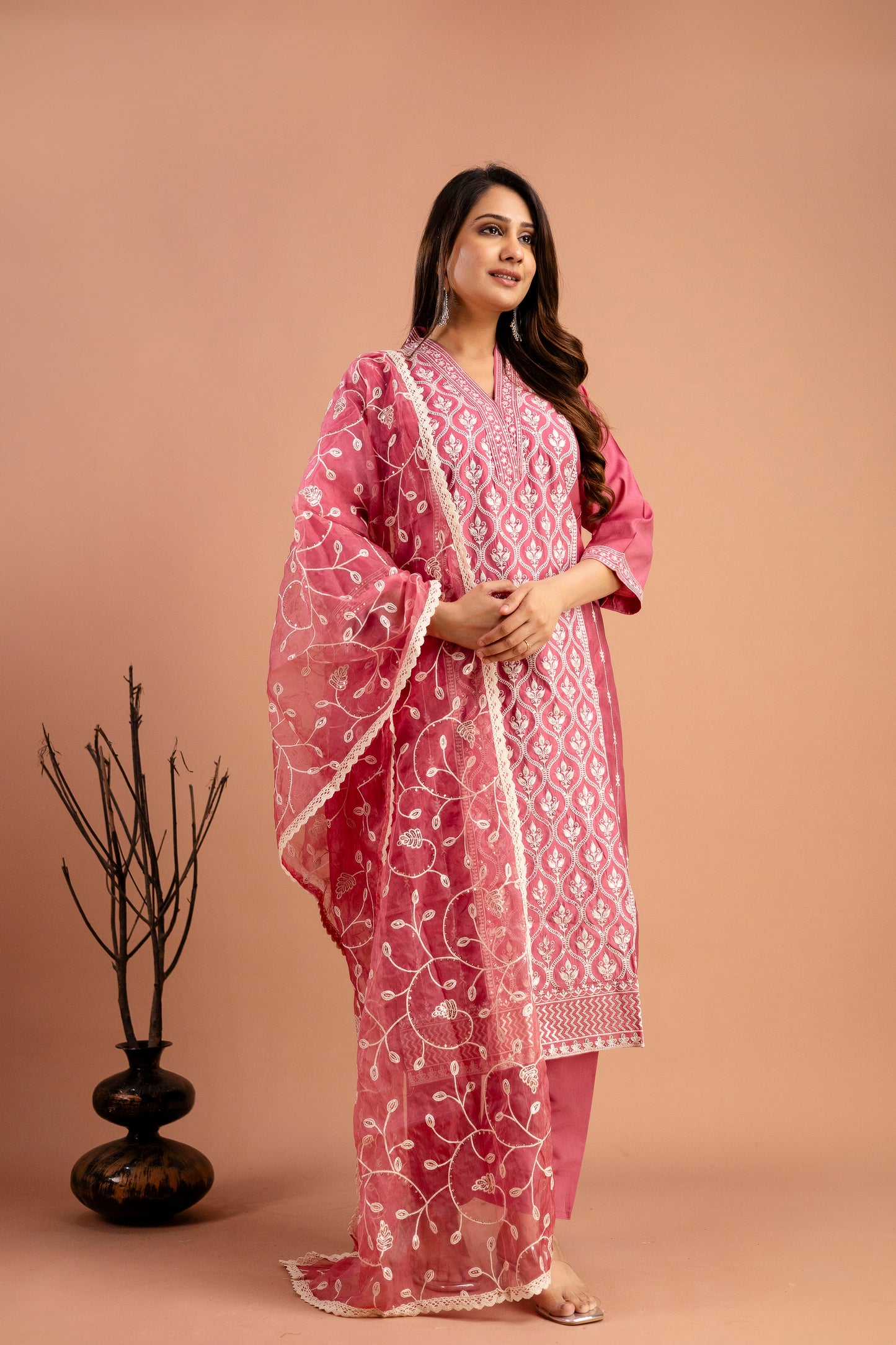 Full Embroidered Lucknavi Kurti with V-Neck, Organza Lucknavi Dupatta & Plain Trouser