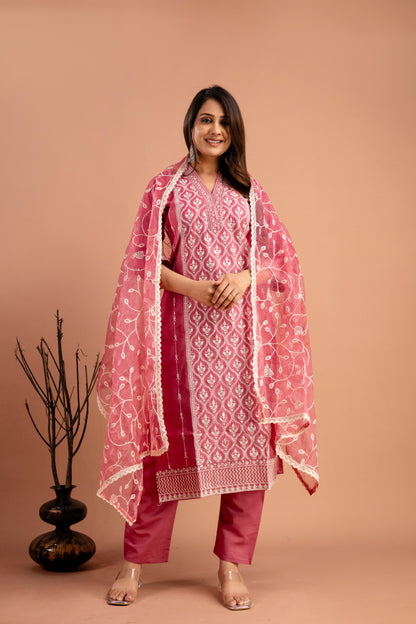 Full Embroidered Lucknavi Kurti with V-Neck, Organza Lucknavi Dupatta & Plain Trouser