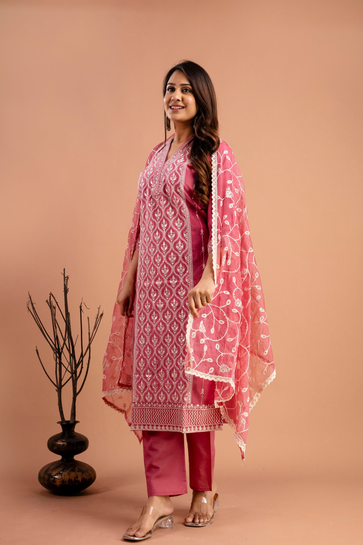 Full Embroidered Lucknavi Kurti with V-Neck, Organza Lucknavi Dupatta & Plain Trouser