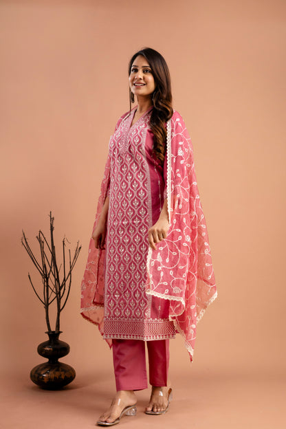 Full Embroidered Lucknavi Kurti with V-Neck, Organza Lucknavi Dupatta & Plain Trouser