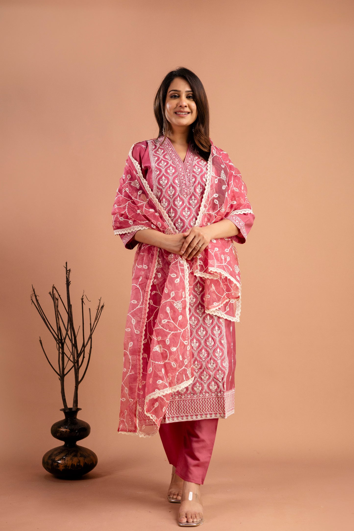 Full Embroidered Lucknavi Kurti with V-Neck, Organza Lucknavi Dupatta & Plain Trouser