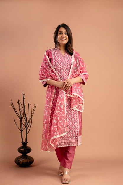 Full Embroidered Lucknavi Kurti with V-Neck, Organza Lucknavi Dupatta & Plain Trouser