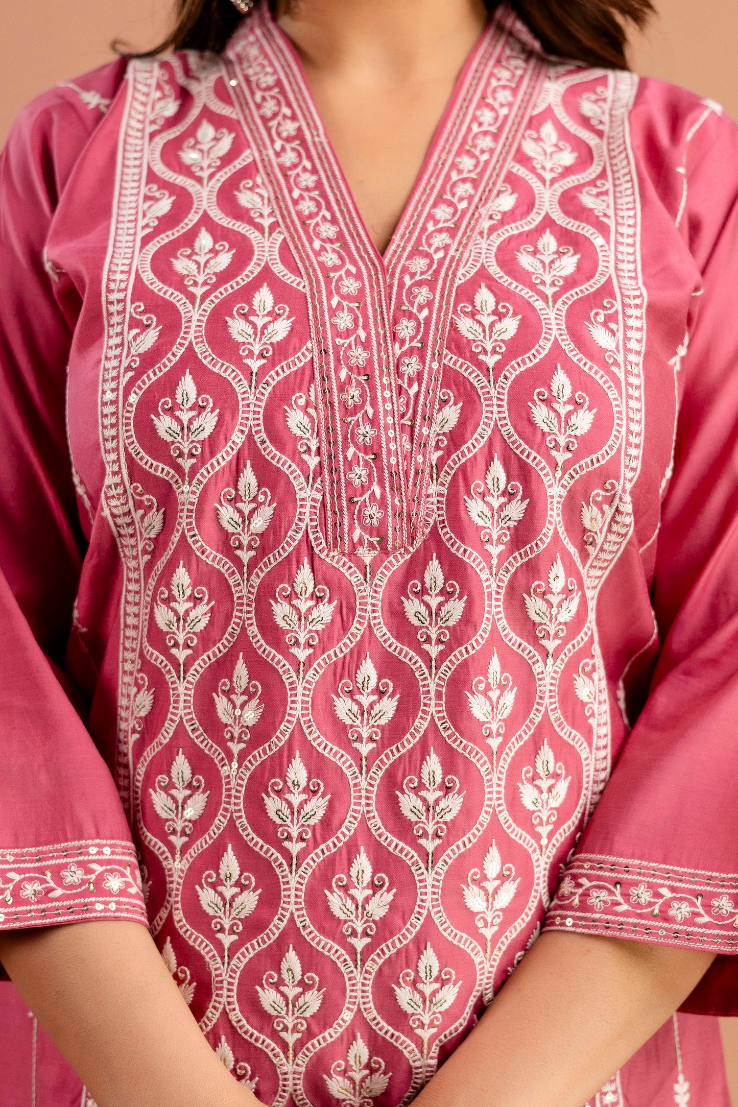 Full Embroidered Lucknavi Kurti with V-Neck, Organza Lucknavi Dupatta & Plain Trouser