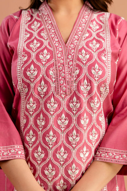 Full Embroidered Lucknavi Kurti with V-Neck, Organza Lucknavi Dupatta & Plain Trouser