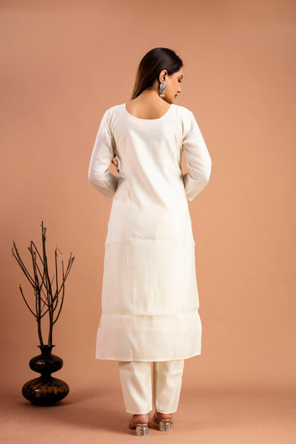 Art Printed Kurti with Round Neck, Shiffon Printed Dupatta & Plain Pants