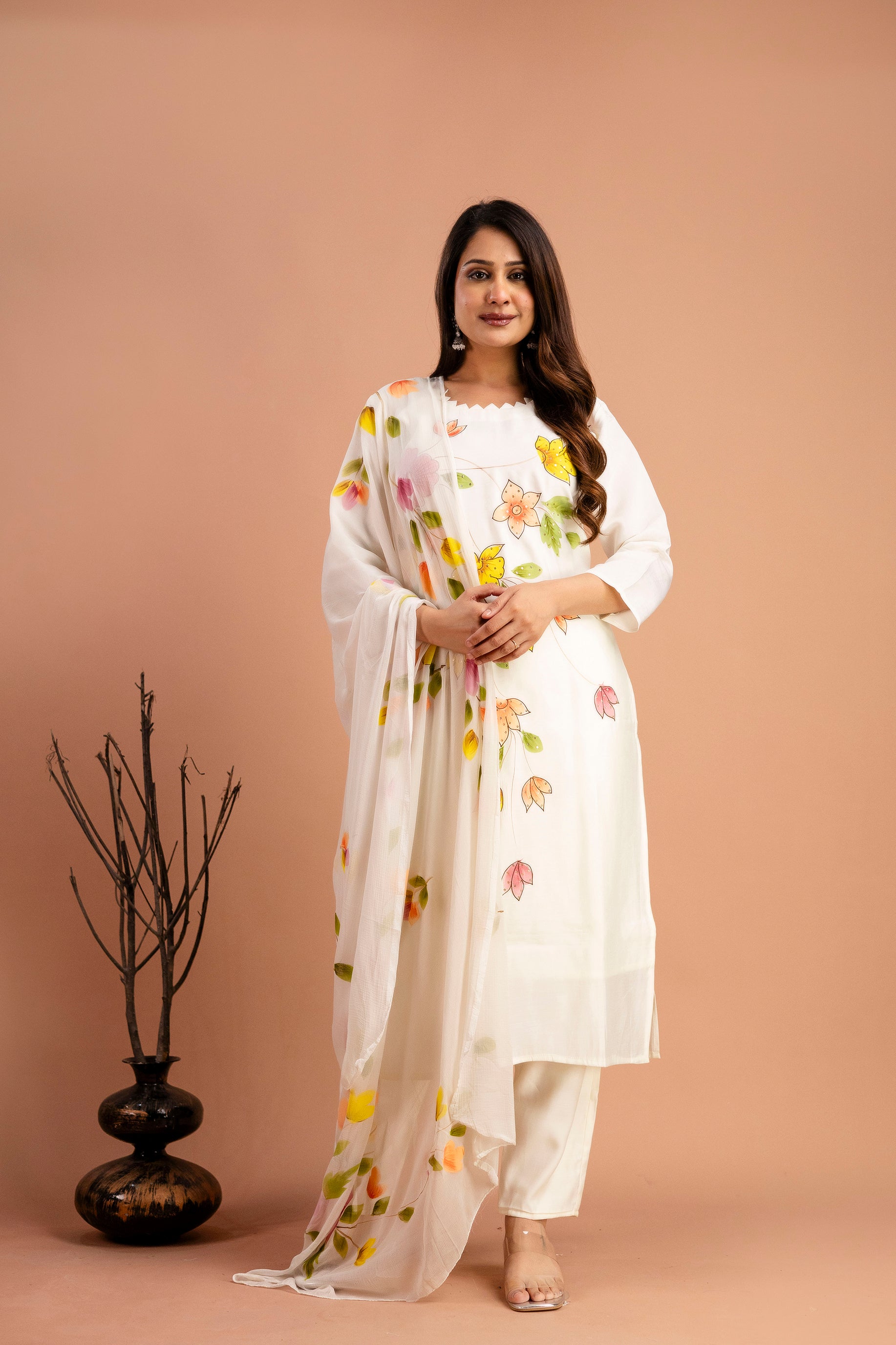 Art Printed Kurti with Round Neck, Shiffon Printed Dupatta & Plain Pants