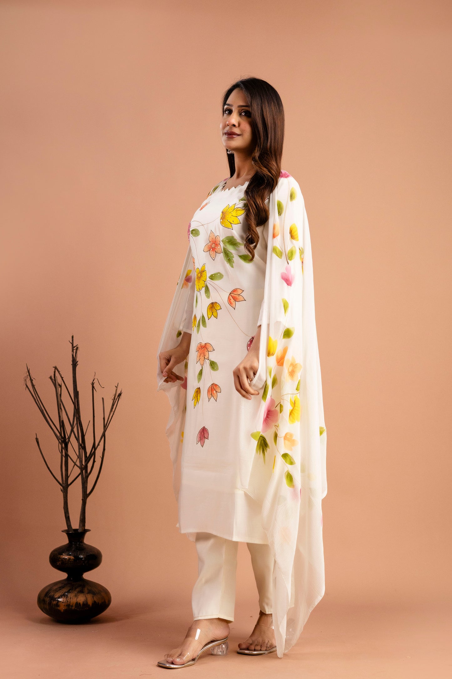 Art Printed Kurti with Round Neck, Shiffon Printed Dupatta & Plain Pants