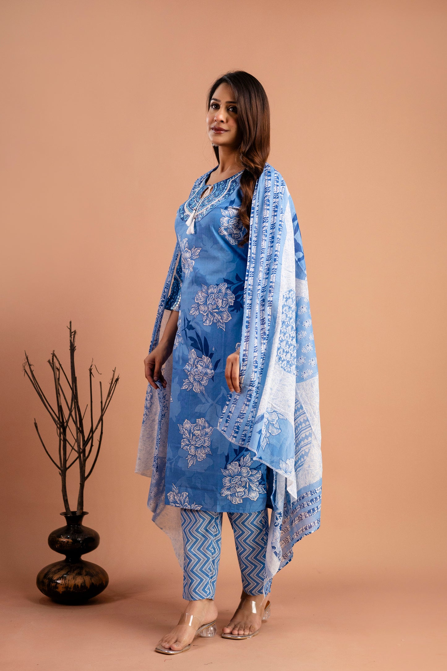 Printed Kurti with Round Neck, Printed Dupatta & Matching Printed Pants