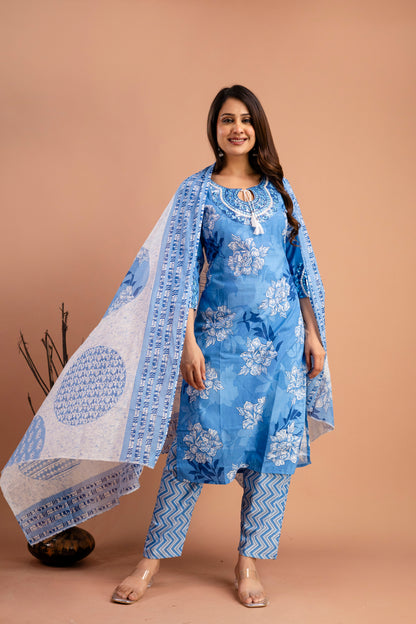 Printed Kurti with Round Neck, Printed Dupatta & Matching Printed Pants