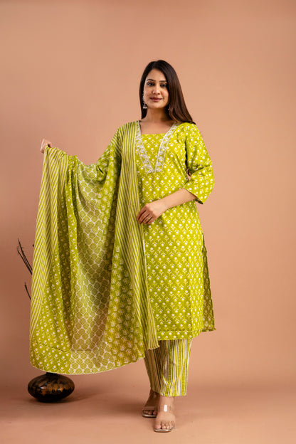 Printed Resham Work V-Neck Kurti with Printed Dupatta & Matching Printed Pants