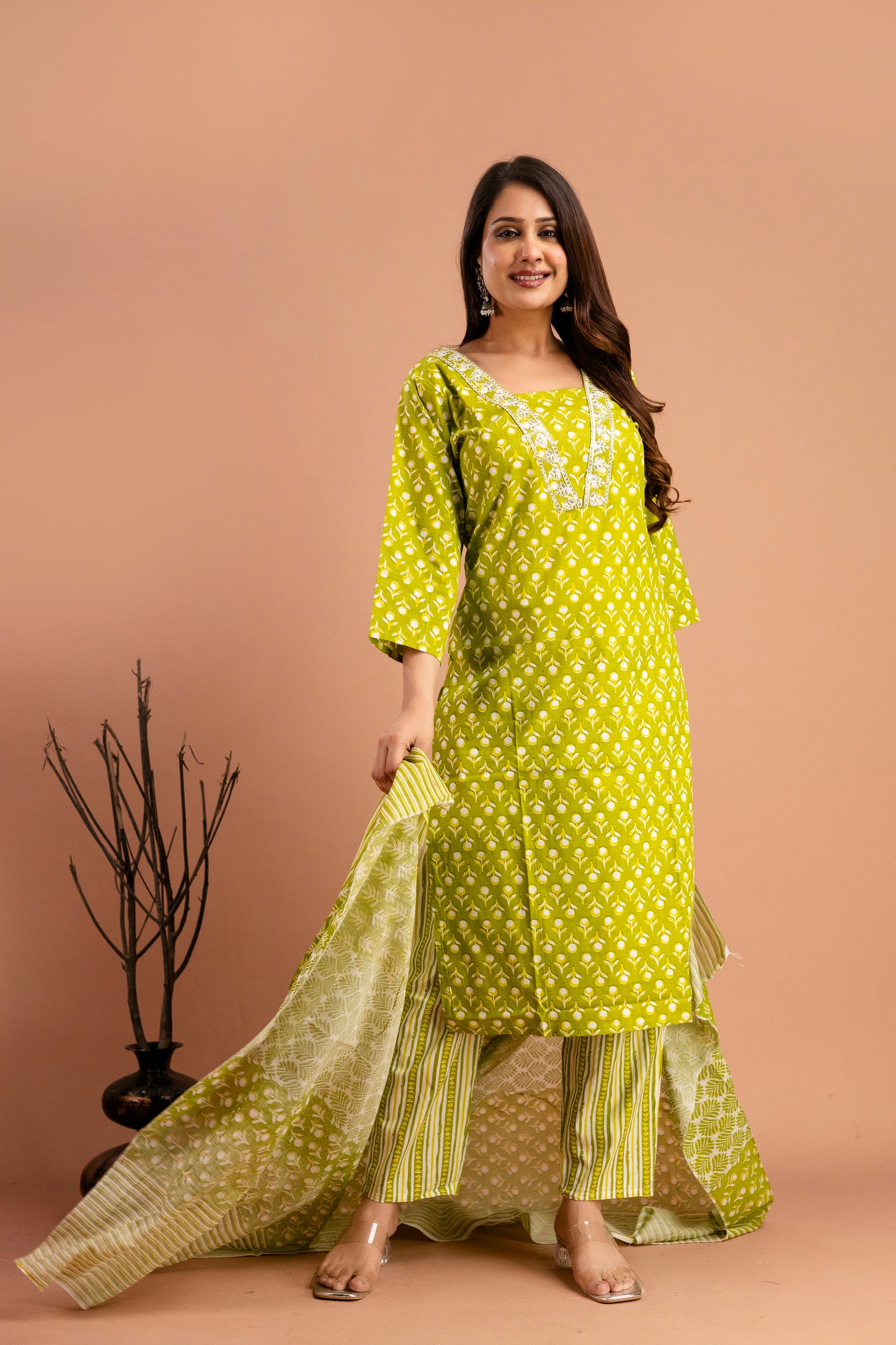 Printed Resham Work V-Neck Kurti with Printed Dupatta & Matching Printed Pants