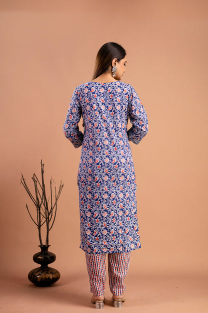 Printed V-Neck Kurti with Resham & Sequence Embellishments, Printed Dupatta & Trousers