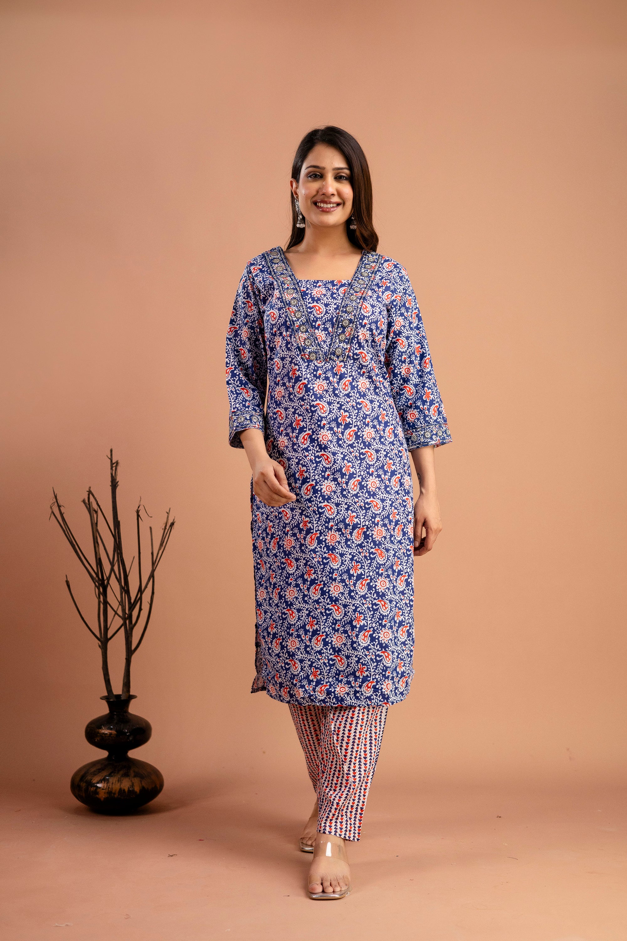 Printed V-Neck Kurti with Resham & Sequence Embellishments, Printed Dupatta & Trousers