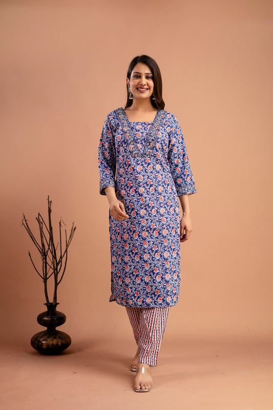 Printed V-Neck Kurti with Resham & Sequence Embellishments, Printed Dupatta & Trousers