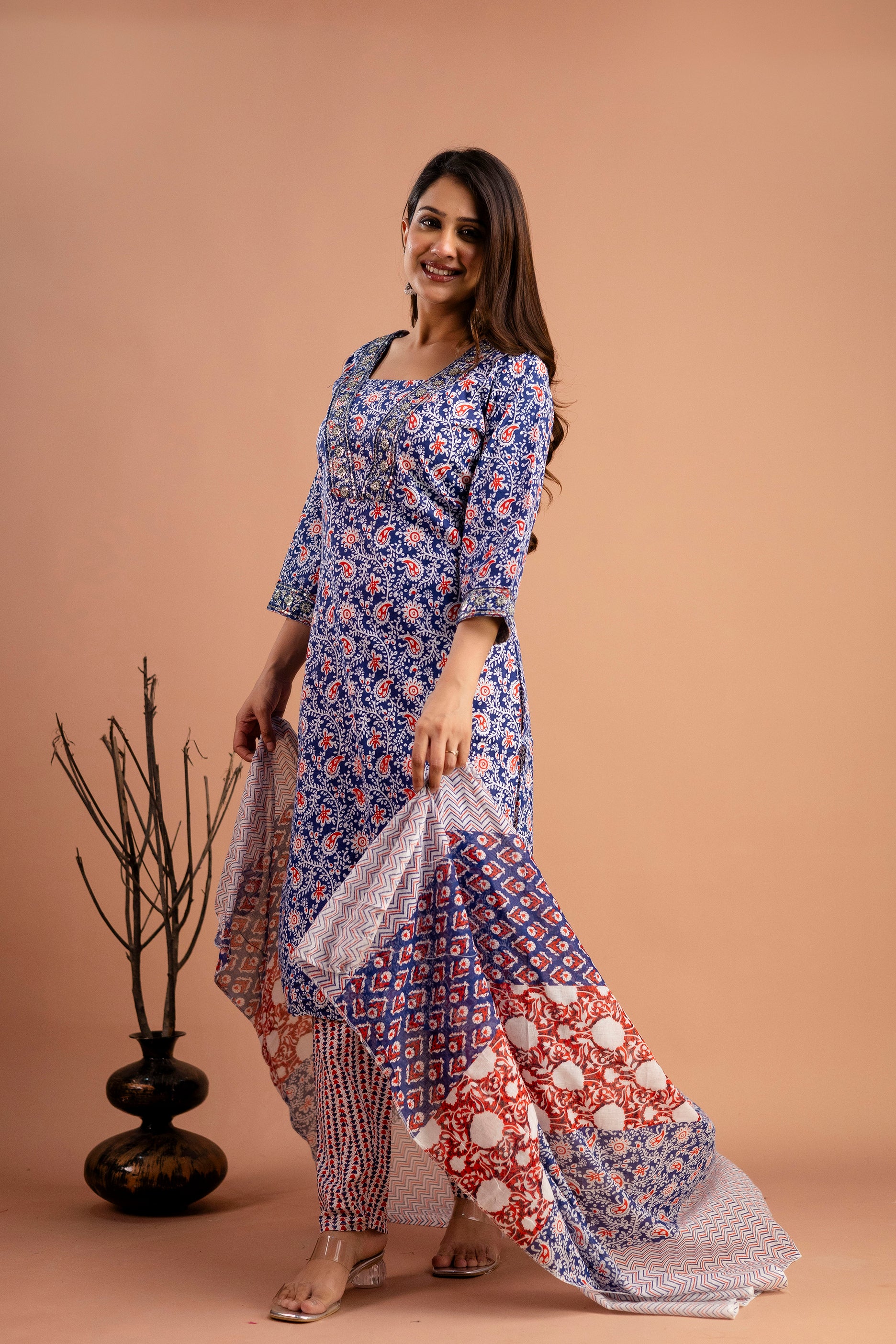 Printed V-Neck Kurti with Resham & Sequence Embellishments, Printed Dupatta & Trousers