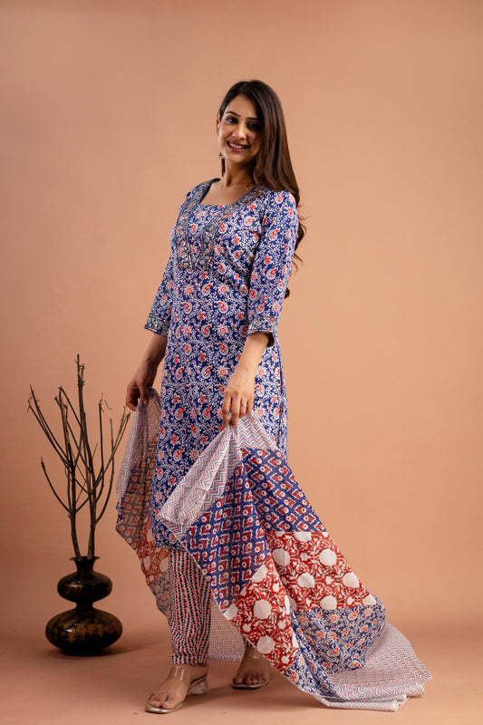 Printed V-Neck Kurti with Resham & Sequence Embellishments, Printed Dupatta & Trousers