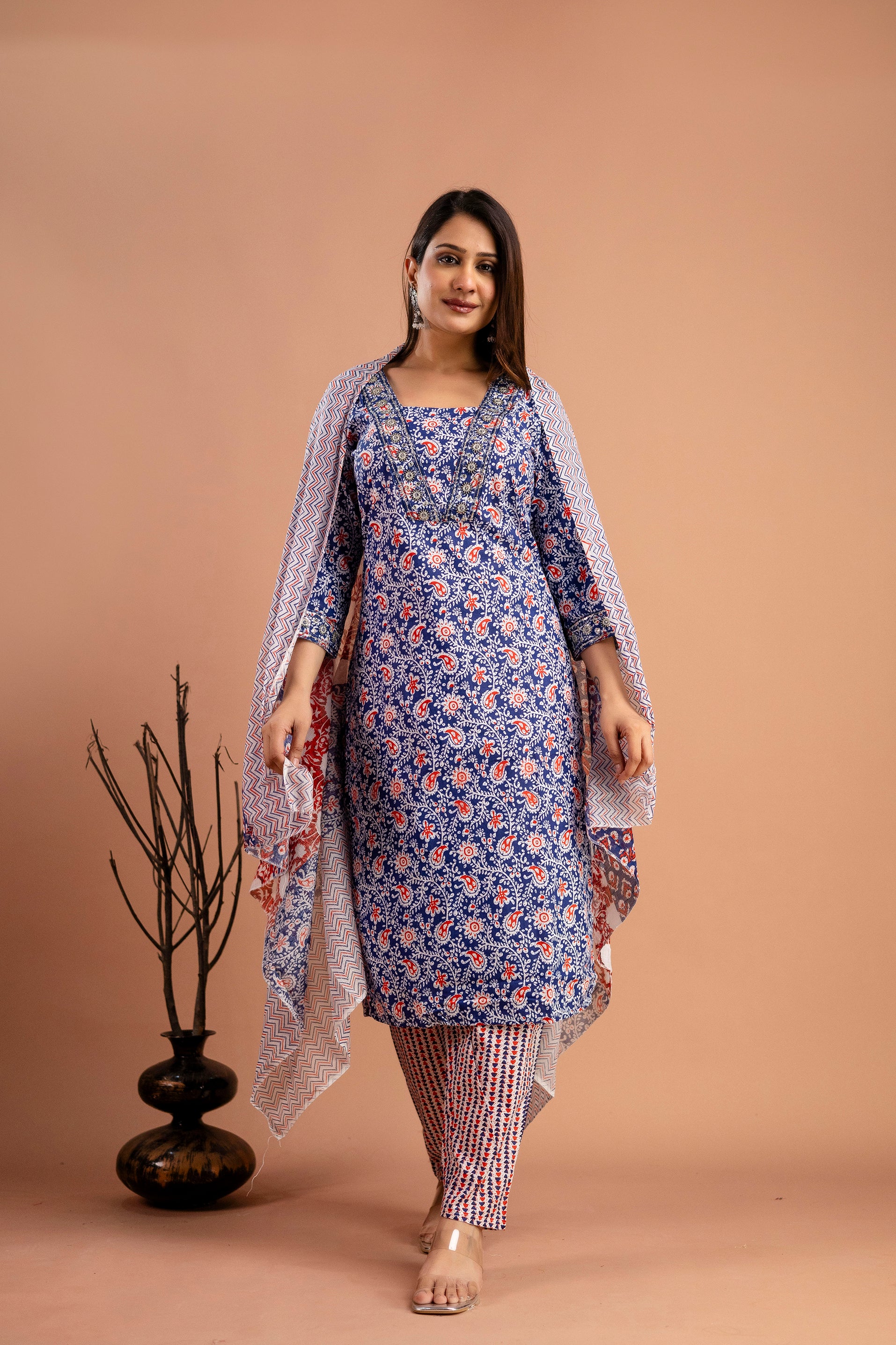 Printed V-Neck Kurti with Resham & Sequence Embellishments, Printed Dupatta & Trousers