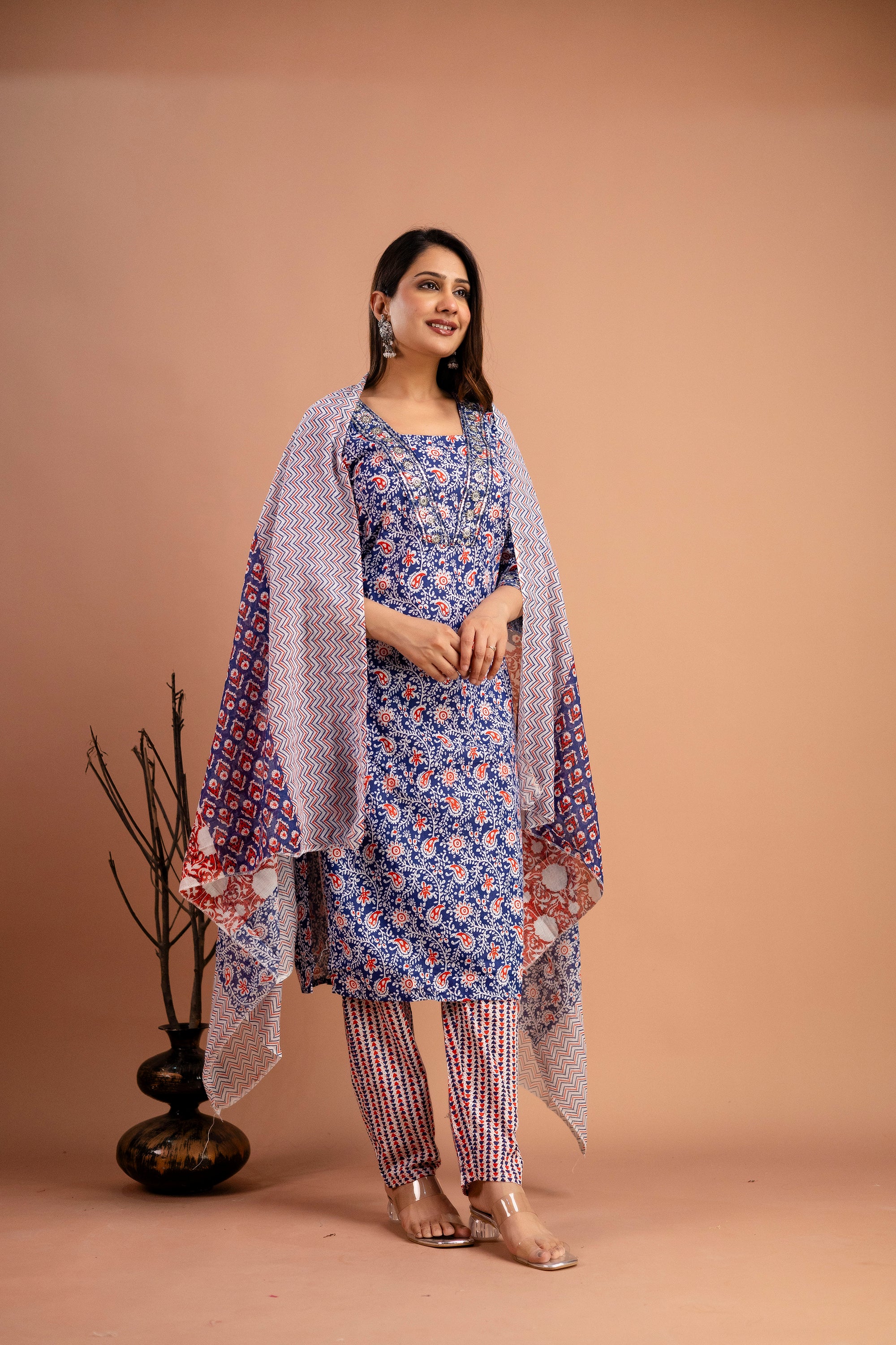 Printed V-Neck Kurti with Resham & Sequence Embellishments, Printed Dupatta & Trousers