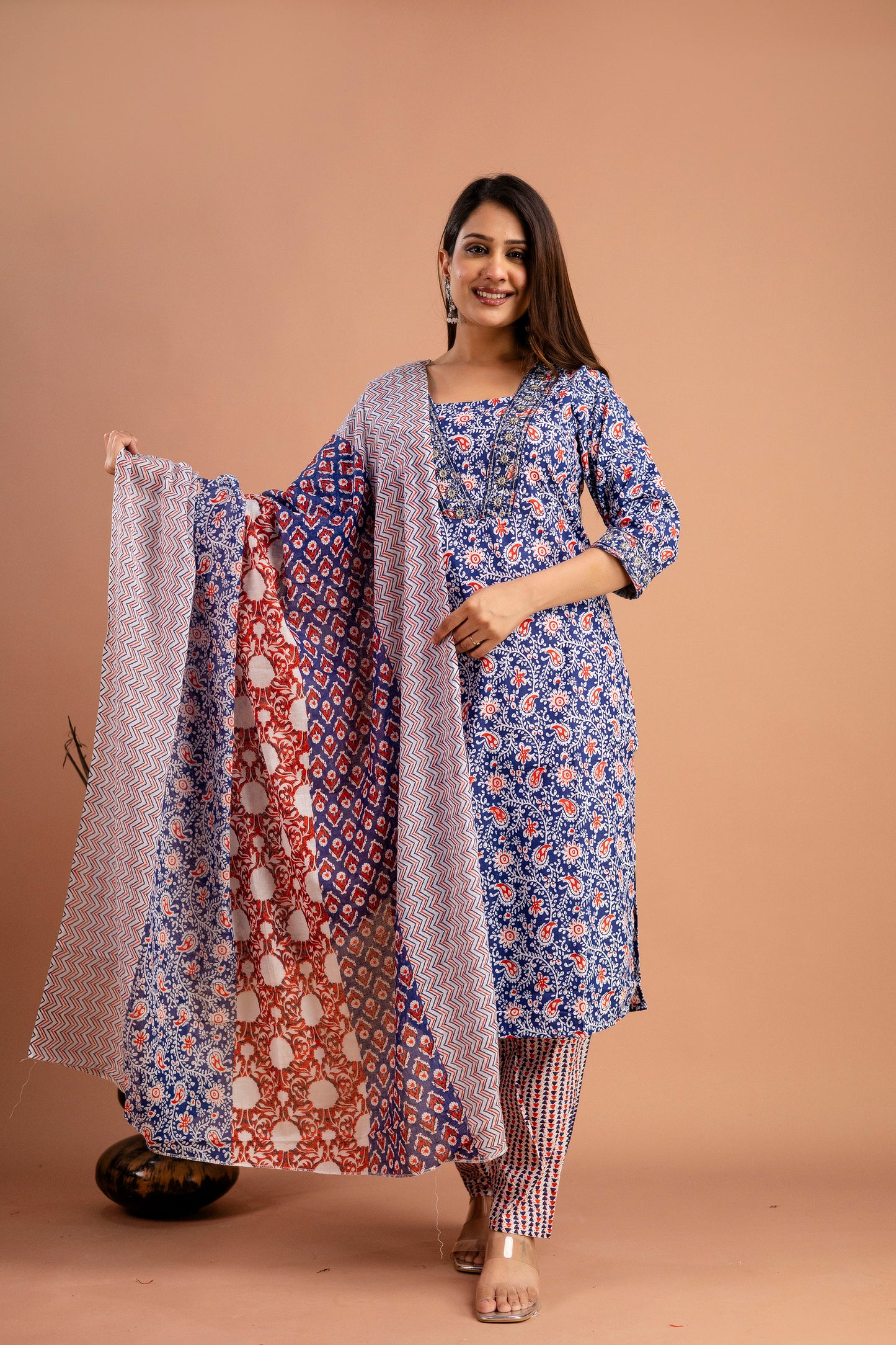 Printed V-Neck Kurti with Resham & Sequence Embellishments, Printed Dupatta & Trousers