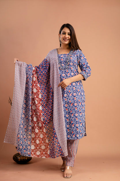 Printed V-Neck Kurti with Resham & Sequence Embellishments, Printed Dupatta & Trousers