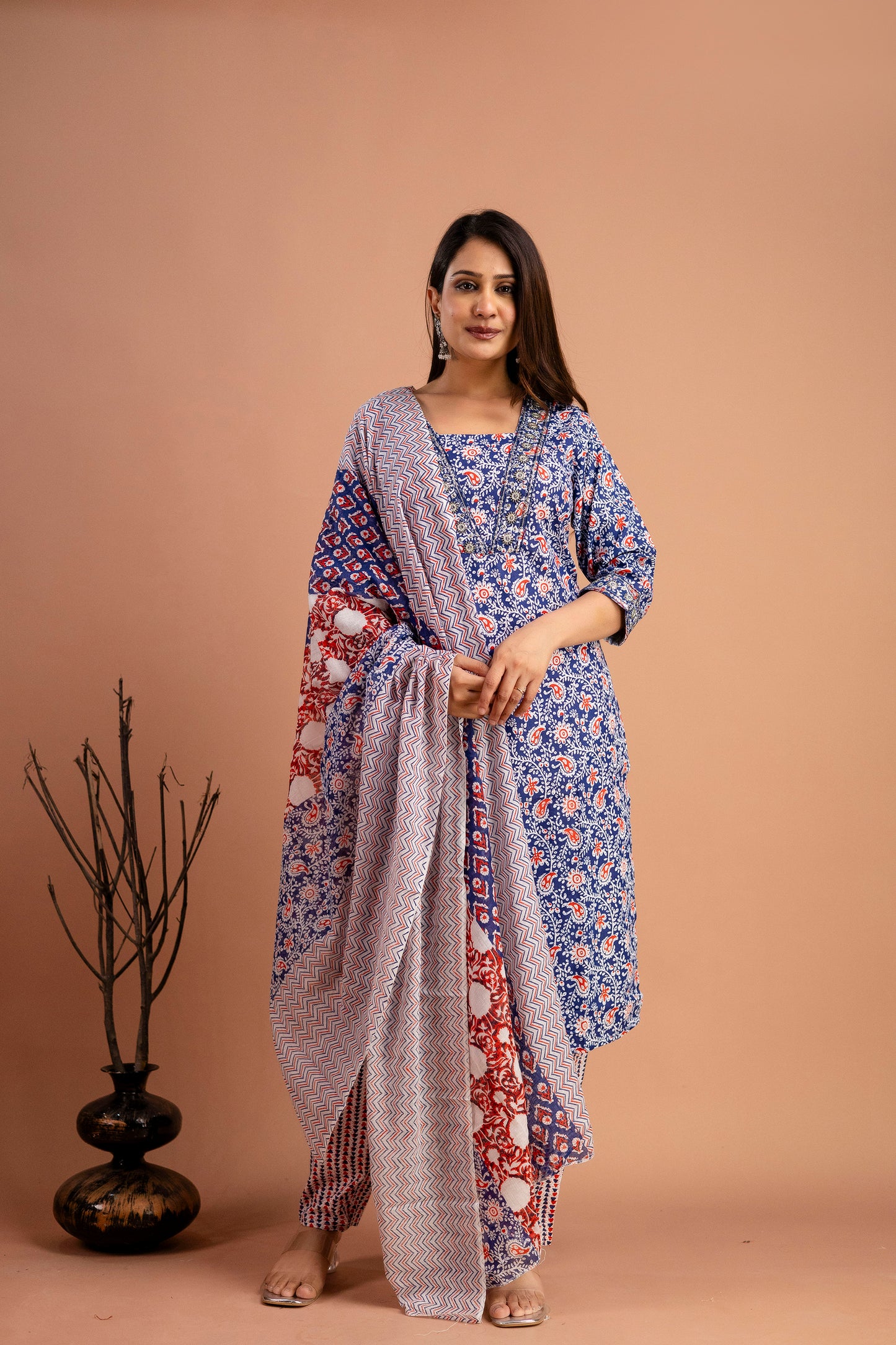 Printed V-Neck Kurti with Resham & Sequence Embellishments, Printed Dupatta & Trousers