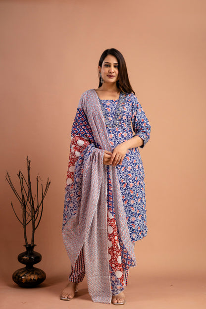 Printed V-Neck Kurti with Resham & Sequence Embellishments, Printed Dupatta & Trousers