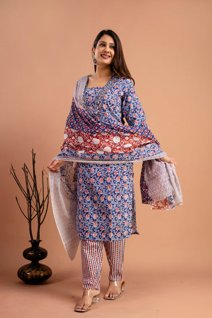 Printed V-Neck Kurti with Resham & Sequence Embellishments, Printed Dupatta & Trousers
