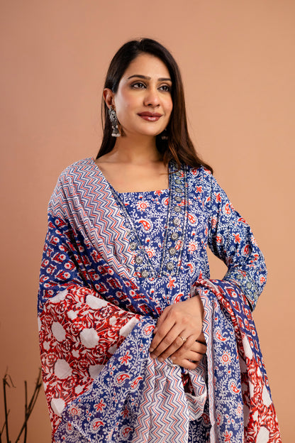 Printed V-Neck Kurti with Resham & Sequence Embellishments, Printed Dupatta & Trousers