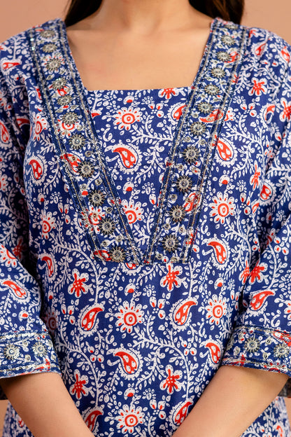 Printed V-Neck Kurti with Resham & Sequence Embellishments, Printed Dupatta & Trousers