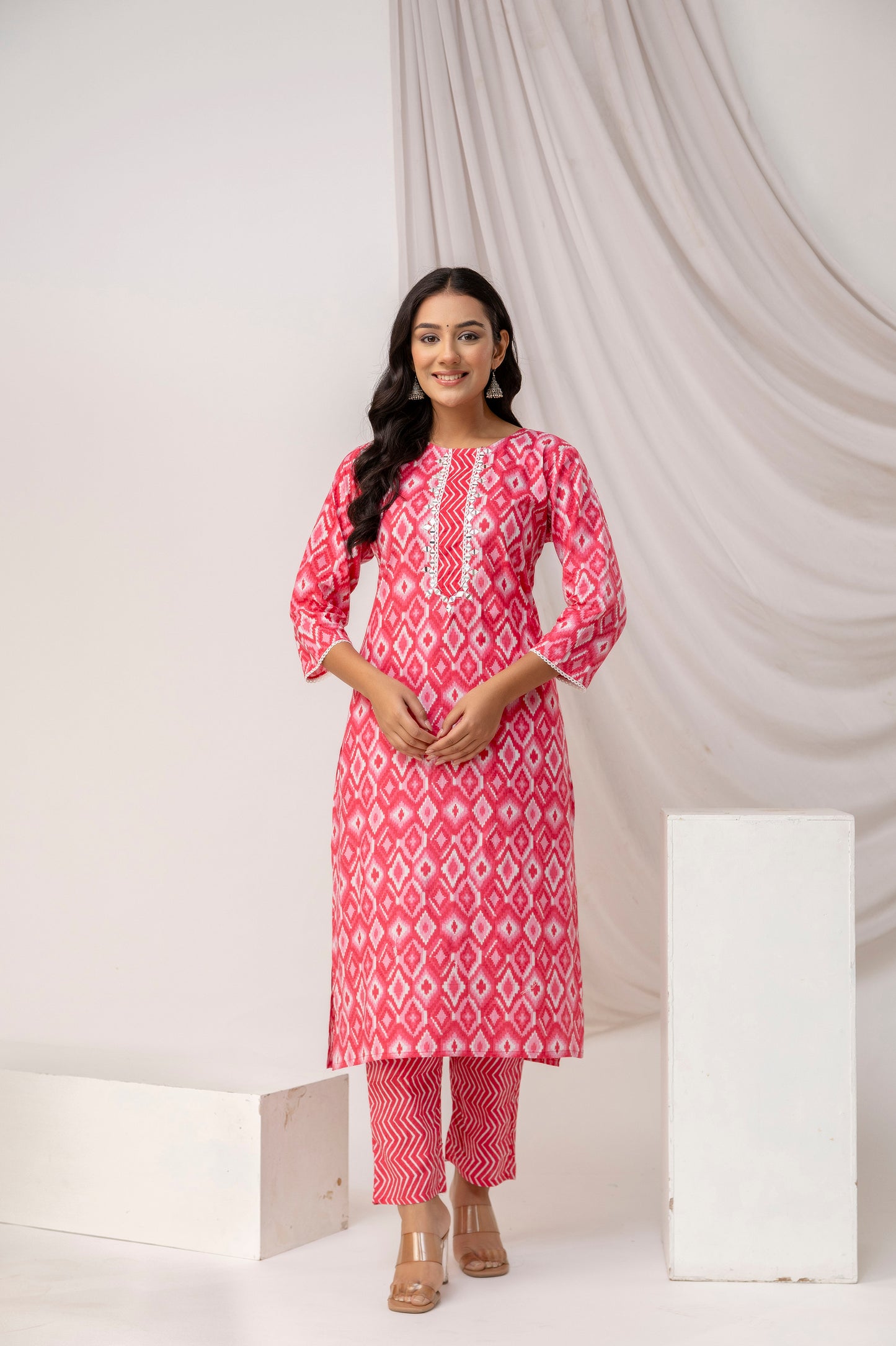 Mirror Worked Printed Kurti with Stylish Dupatta & Plain Trouser