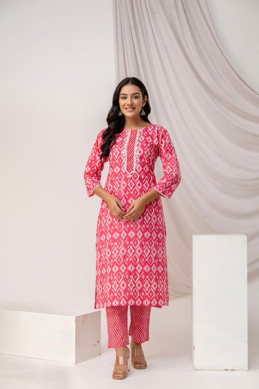 Mirror Worked Printed Kurti with Stylish Dupatta & Plain Trouser