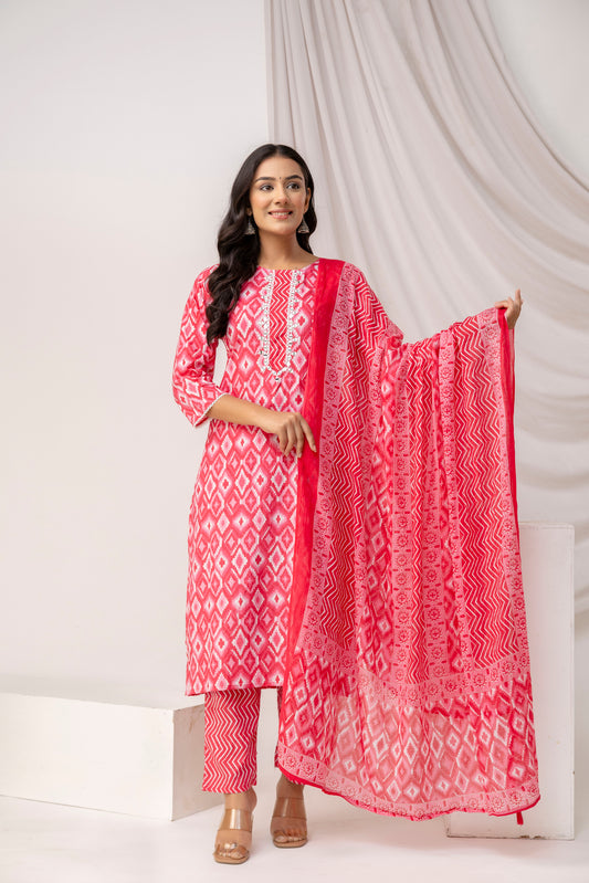 Mirror Worked Printed Kurti with Stylish Dupatta & Plain Trouser