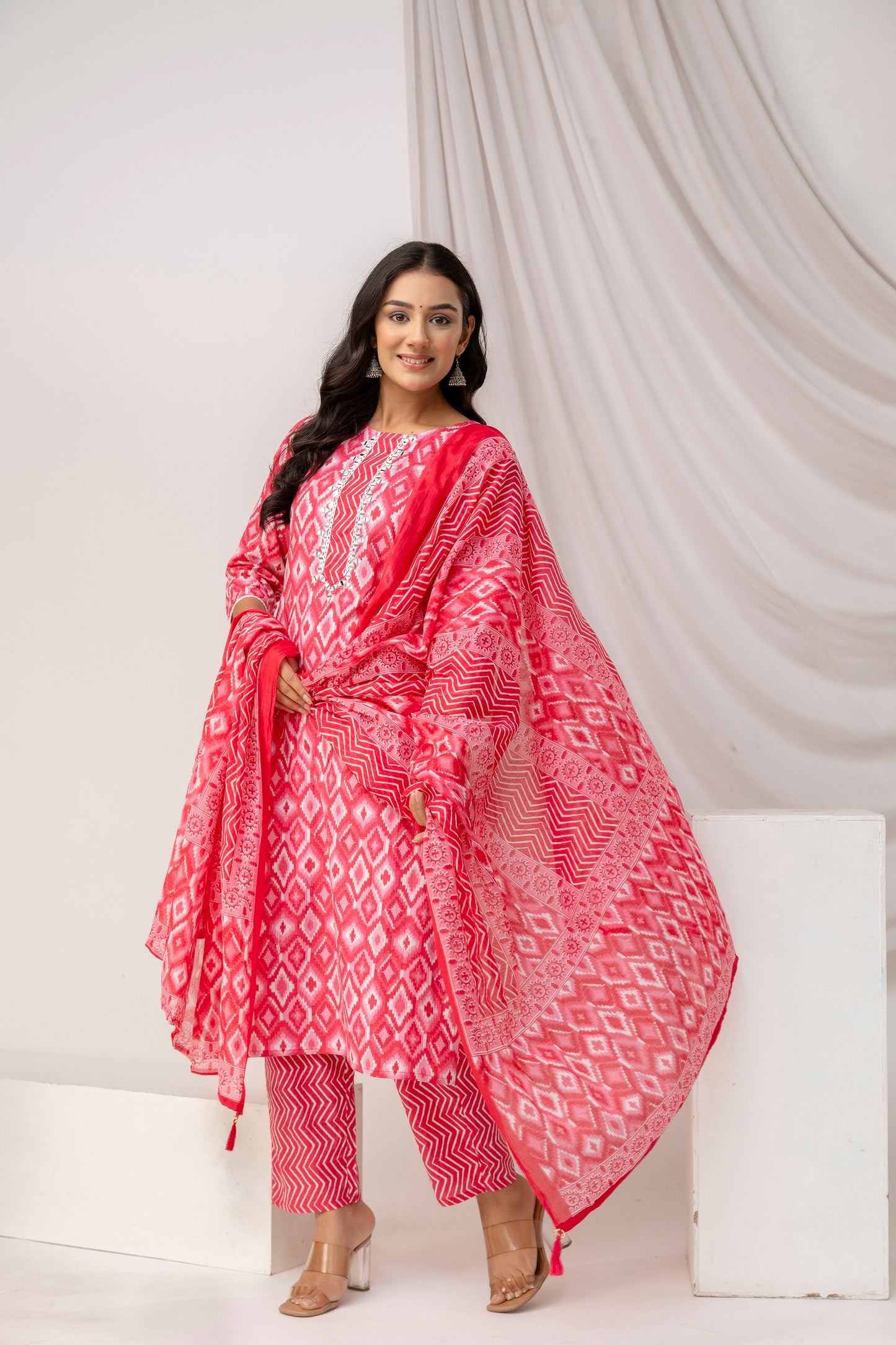 Mirror Worked Printed Kurti with Stylish Dupatta & Plain Trouser