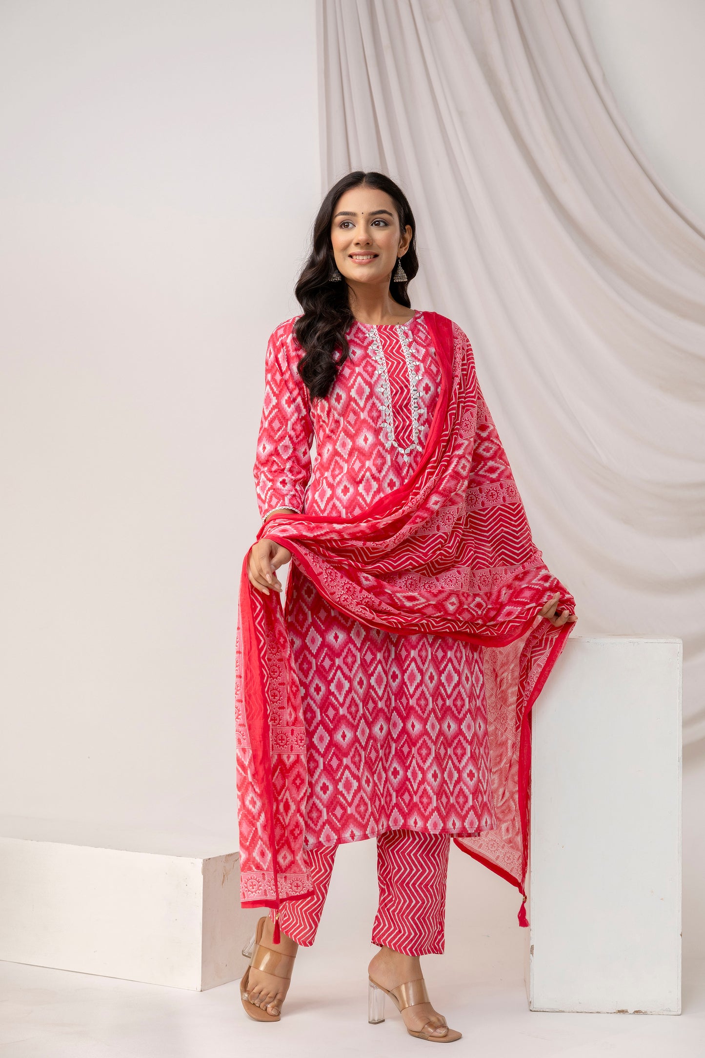 Mirror Worked Printed Kurti with Stylish Dupatta & Plain Trouser