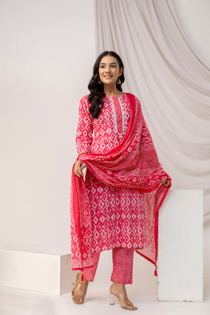 Mirror Worked Printed Kurti with Stylish Dupatta & Plain Trouser