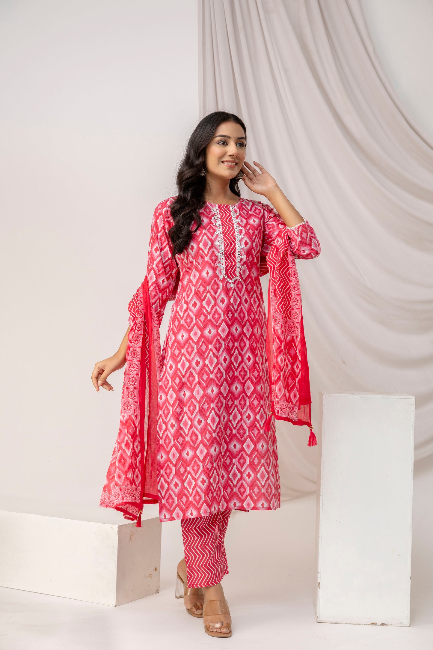 Mirror Worked Printed Kurti with Stylish Dupatta & Plain Trouser