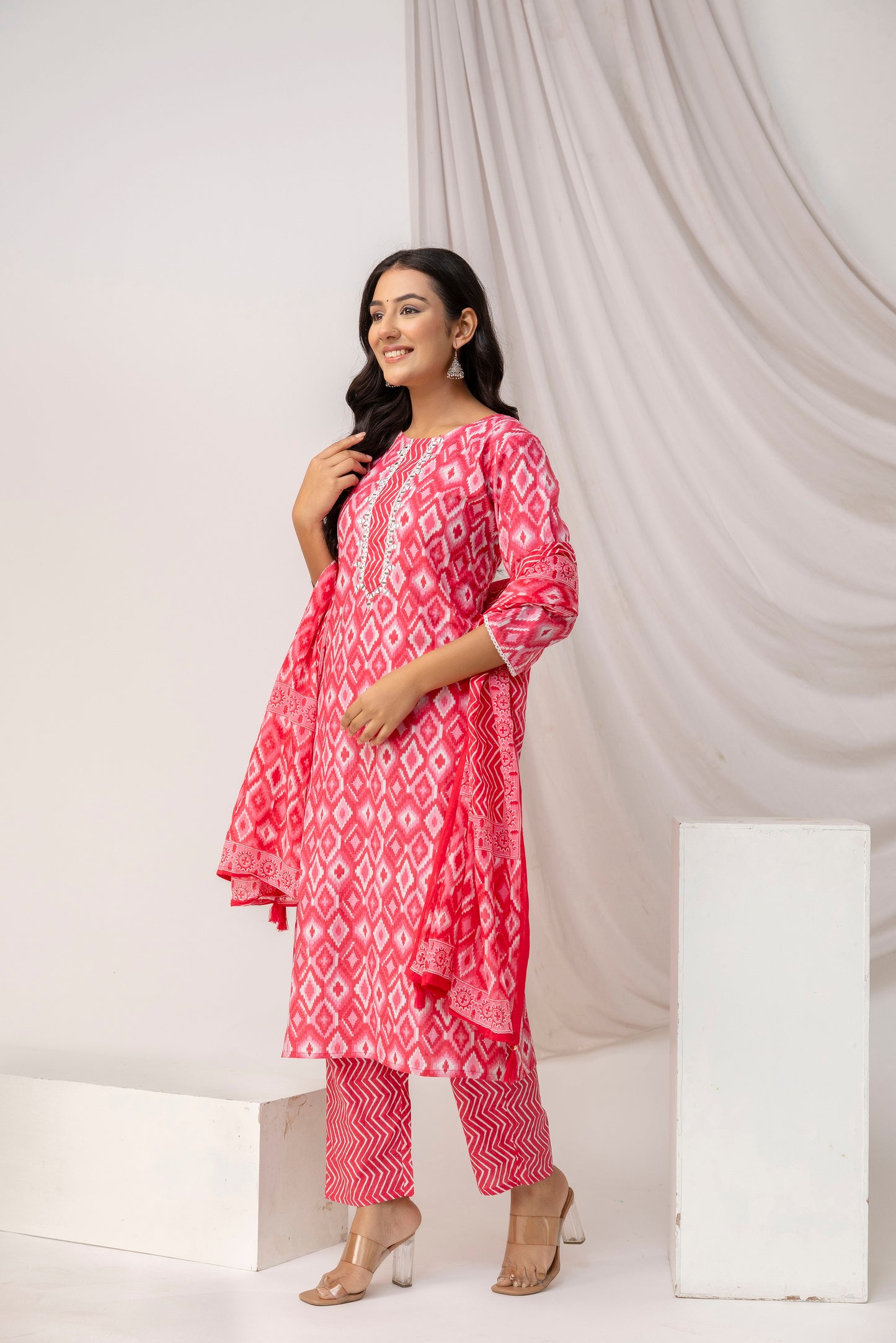 Mirror Worked Printed Kurti with Stylish Dupatta & Plain Trouser