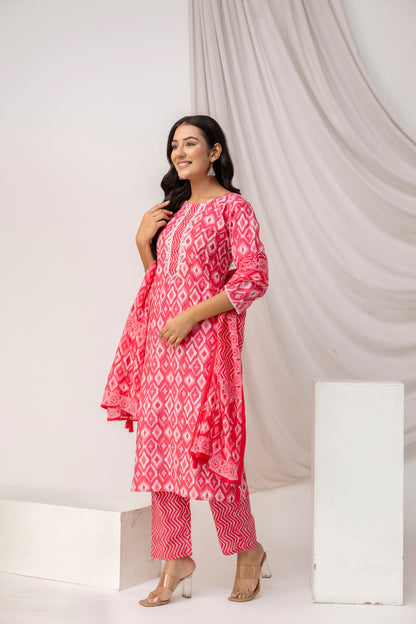 Mirror Worked Printed Kurti with Stylish Dupatta & Plain Trouser