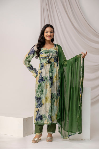 Jaipuri Printed Kurti with Mirror Work Set