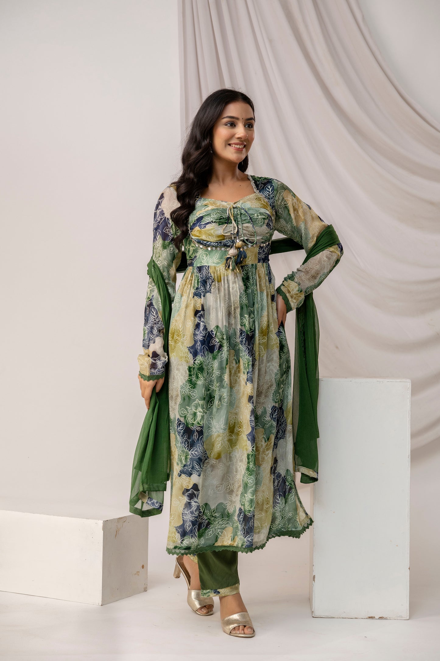 Jaipuri Printed Kurti with Mirror Work Set