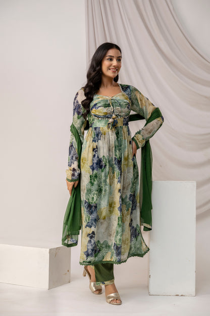 Jaipuri Printed Kurti with Mirror Work Set