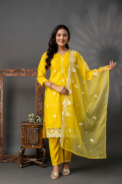 Thread Work Kurti with Plain Trouser Set