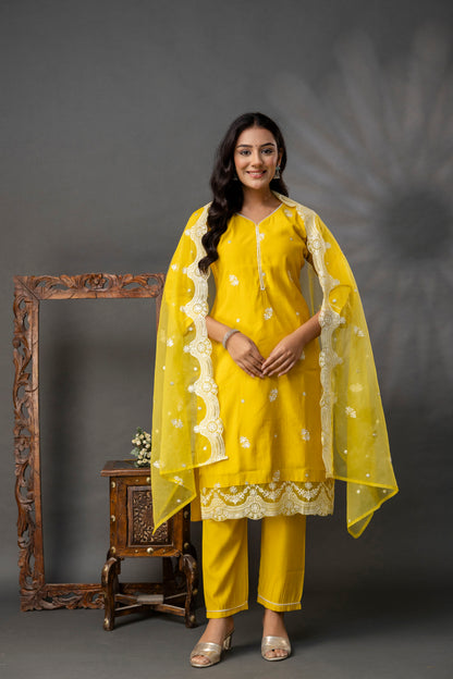 Thread Work Kurti with Plain Trouser Set